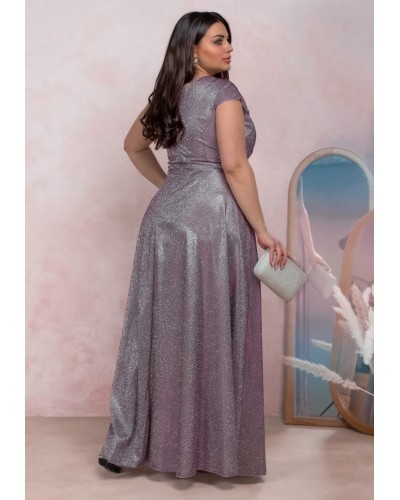 Rochie eleganta in marimi mari, lunga, din bumbac cu glitter, lila, crapata pe picior, AmandaW - dyandra.ro