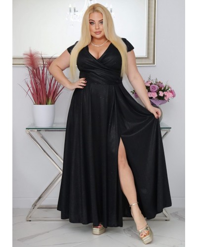 Rochie eleganta in marimi mari, lunga, din bumbac cu glitter, neagra, crapata pe picior, AmandaW - dyandra.ro