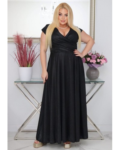 Rochie eleganta in marimi mari, lunga, din bumbac cu glitter, neagra, crapata pe picior, AmandaW - dyandra.ro