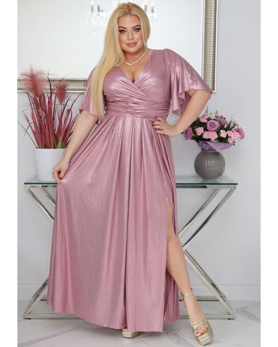 Rochie eleganta in marimi mari, lunga, din bumbac cu glitter, roz pal, cu maneca larga, ZoeW - dyandra.ro