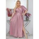 Rochie eleganta in marimi mari, lunga, din bumbac cu glitter, roz pal, cu maneca larga, ZoeW 2 - dyandra.ro