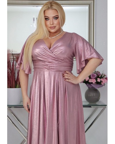 Rochie eleganta in marimi mari, lunga, din bumbac cu glitter, roz pal, cu maneca larga, ZoeW - dyandra.ro