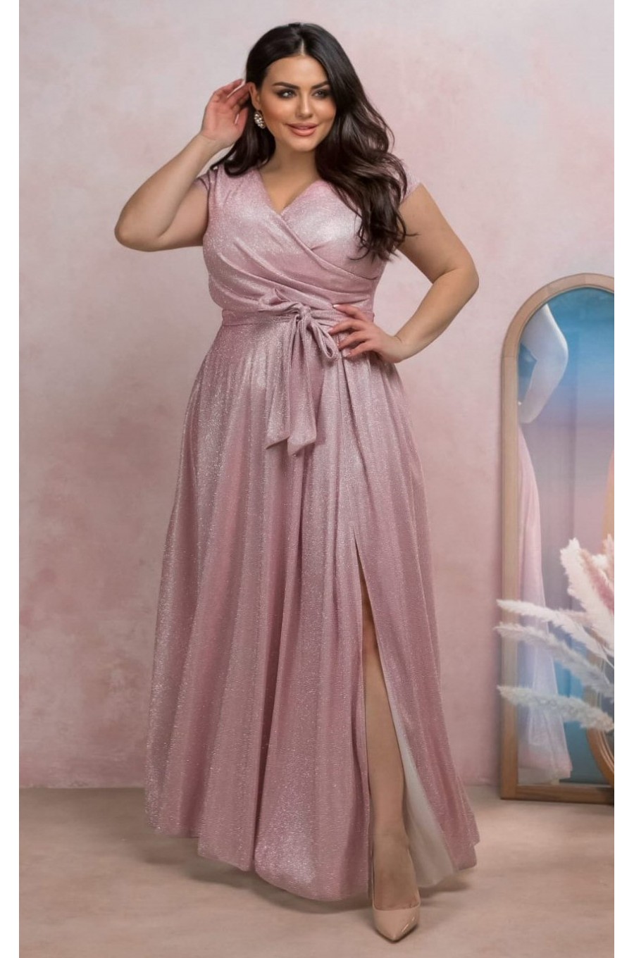 Rochie lunga roz prafuit din bumbac cu glitter AmandaW Rochie lunga roz prafuit din bumbac cu glitter AmandaW 1 - dyandra.ro