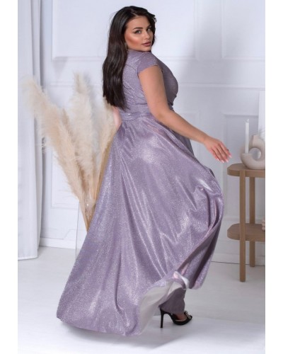 Rochie eleganta in marimi mari, lunga, din bumbac cu glitter, violet, crapata pe picior,  AmandaW - dyandra.ro