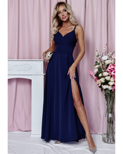 Rochie eleganta lunga, bleumarin, cu decolteu plic, TifaniW1 - dyandra.ro