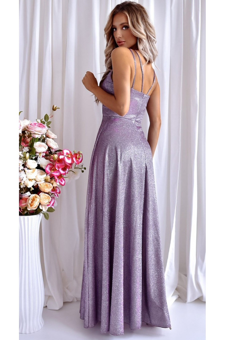 Rochie eleganta lunga, bumbac cu glitter, bleu cu reflexii lila, TifaniW 2 - dyandra.ro