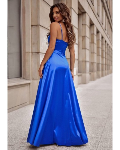 Rochie eleganta lunga, din satin, albastra, cu corset, Karenina - dyandra.ro