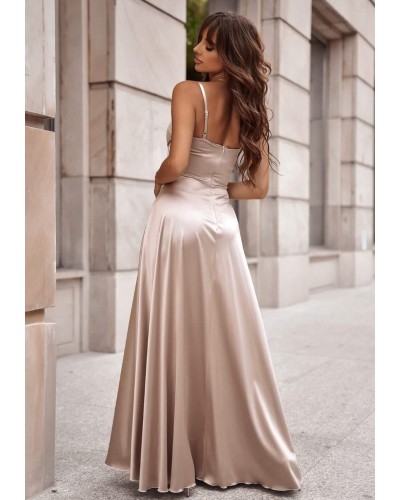 Rochie eleganta lunga, din satin, bej sampanie, cu corset, Karenina - dyandra.ro