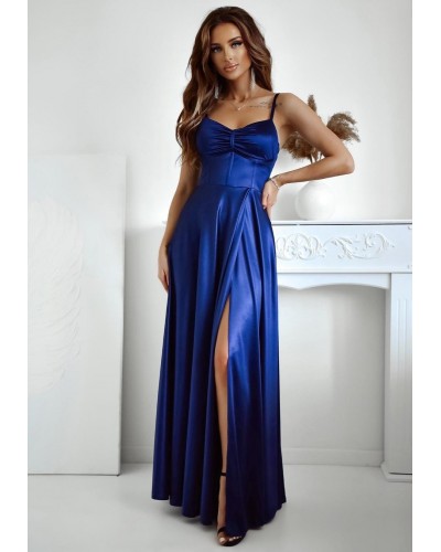 Rochie eleganta lunga, din satin, bleumarin navy, cu corset, Karenina - dyandra.ro