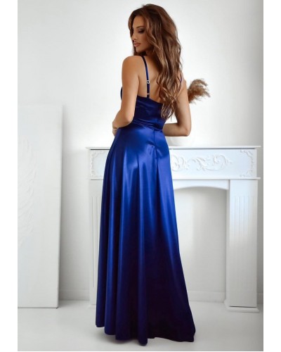 Rochie eleganta lunga, din satin, bleumarin navy, cu corset, Karenina - dyandra.ro