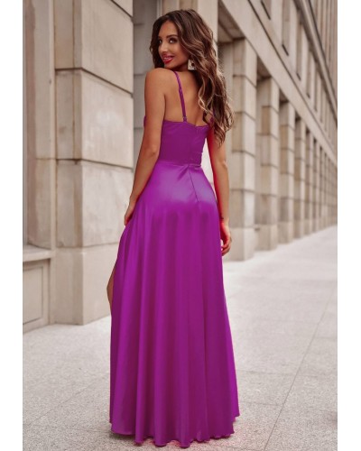 Rochie eleganta lunga, din satin, roz magenta, cu corset, Karenina - dyandra.ro