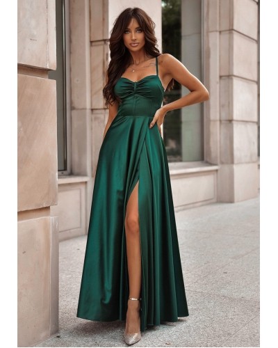 Rochie eleganta lunga, din satin, verde smarald, cu corset, Karenina - dyandra.ro