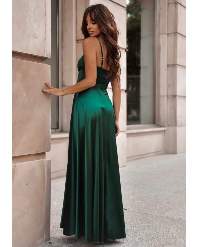 Rochie eleganta lunga, din satin, verde smarald, cu corset, Karenina - dyandra.ro