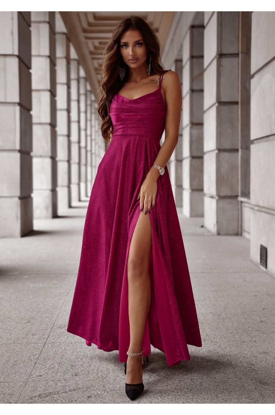 Rochie eleganta lunga din glitter burgundy cu bust tip corset ValeriaLux 1 - dyandra.ro
