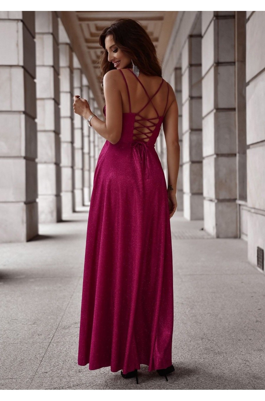 Rochie eleganta lunga din glitter burgundy cu bust tip corset ValeriaLux 2 - dyandra.ro