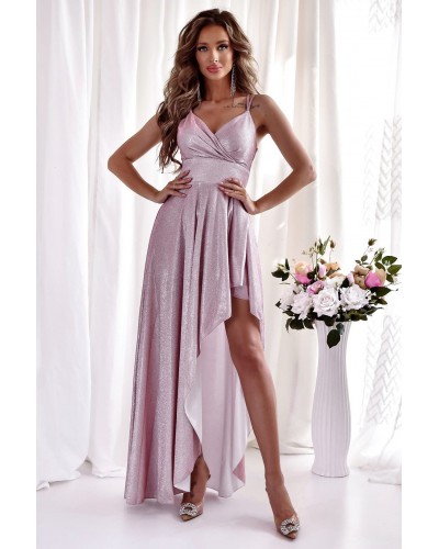 Rochie eleganta lunga, glitter, roz, asimetrica, cu decolteu plic, EssaW - dyandra.ro
