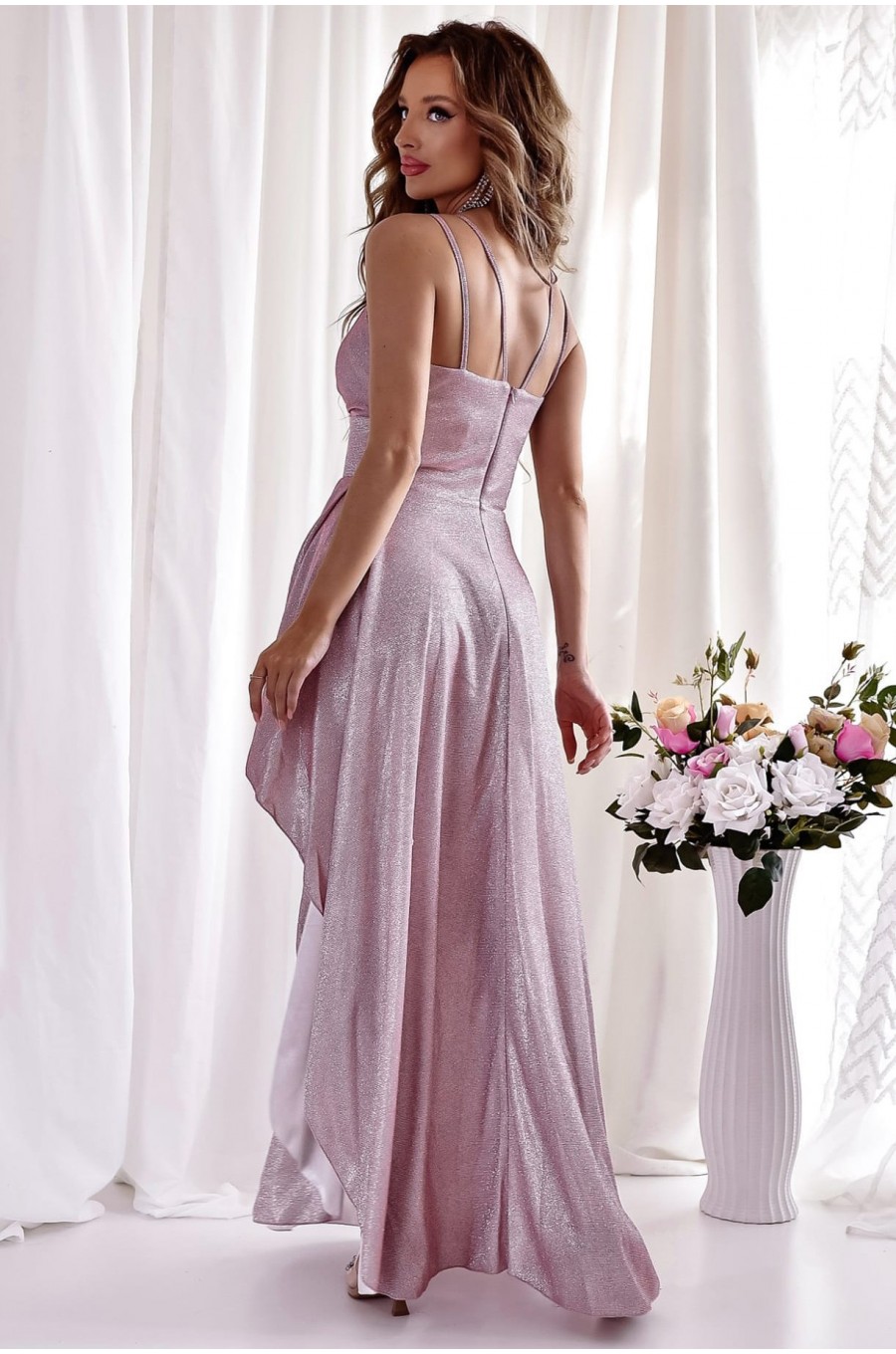 Rochie eleganta lunga, glitter, roz, asimetrica, cu decolteu plic, EssaW 2 - dyandra.ro