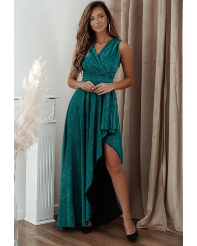 Rochie eleganta lunga, glitter, verde, asimetrica, ElifW2 - dyandra.ro
