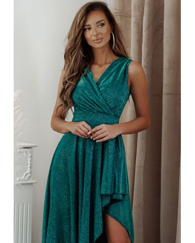 Rochie eleganta lunga, glitter, verde, asimetrica, ElifW2 - dyandra.ro
