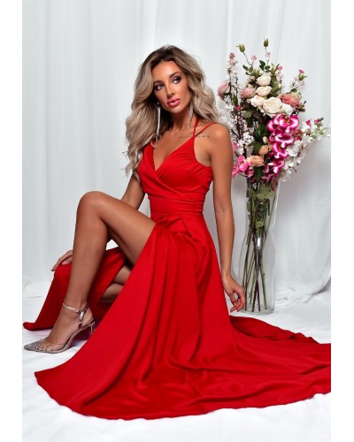 Rochie eleganta lunga, rosie, crapata pe picior, ScarletW2 - dyandra.ro
