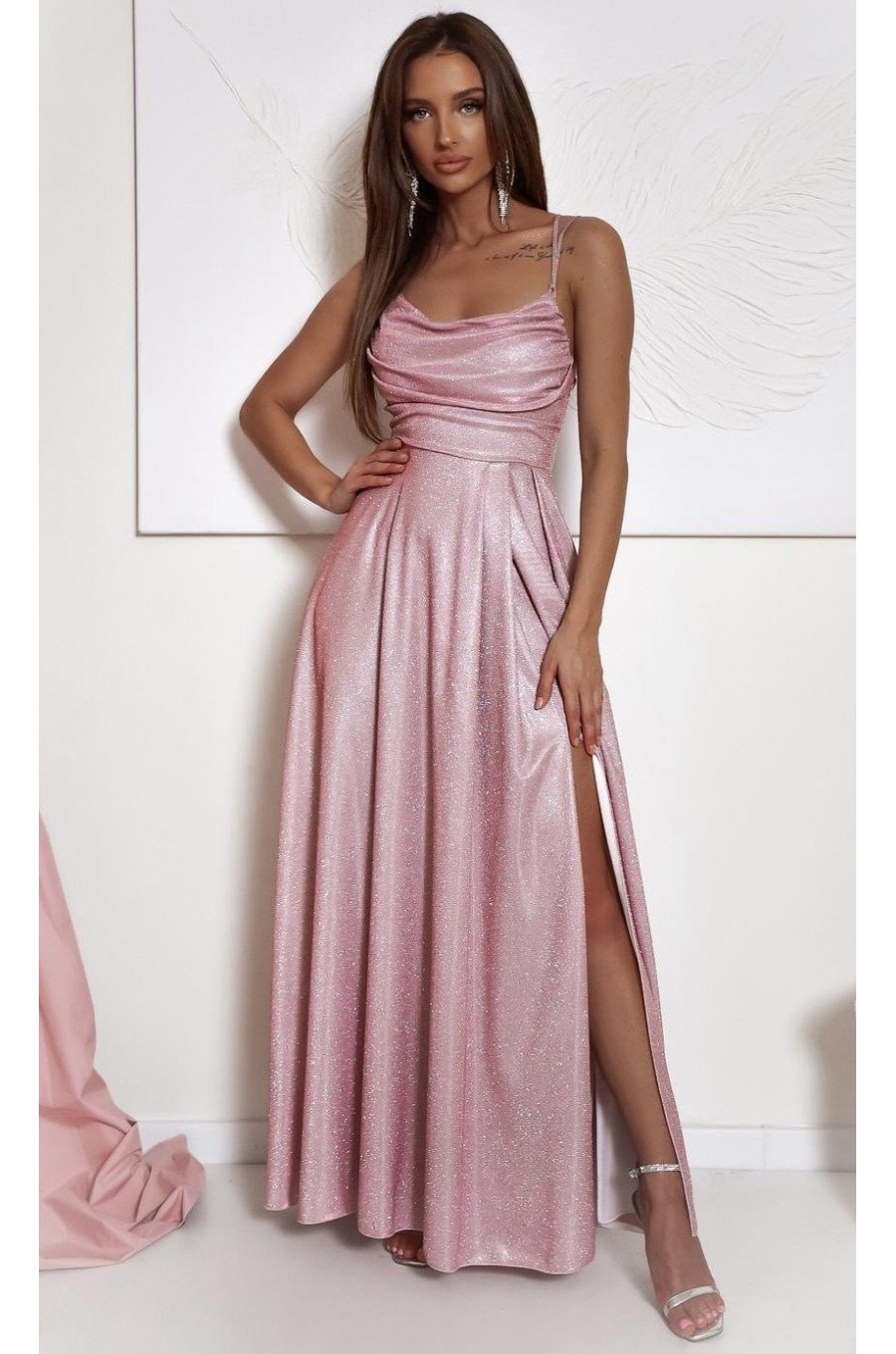 Rochie eleganta lunga roz pudra cu glitter si bust tip corset ValeriaLux 1 - dyandra.ro