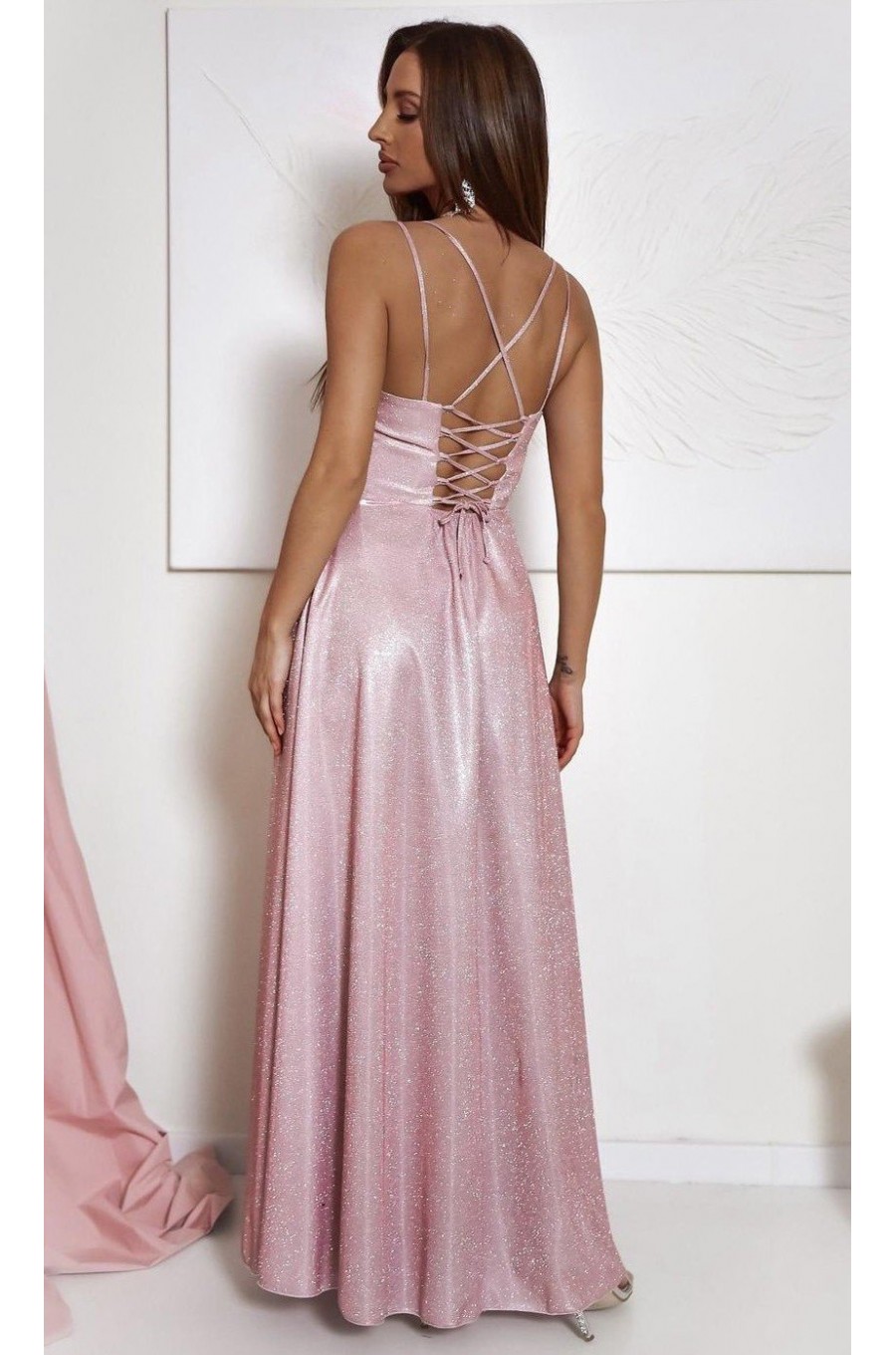 Rochie eleganta lunga roz pudra cu glitter si bust tip corset ValeriaLux 2 - dyandra.ro