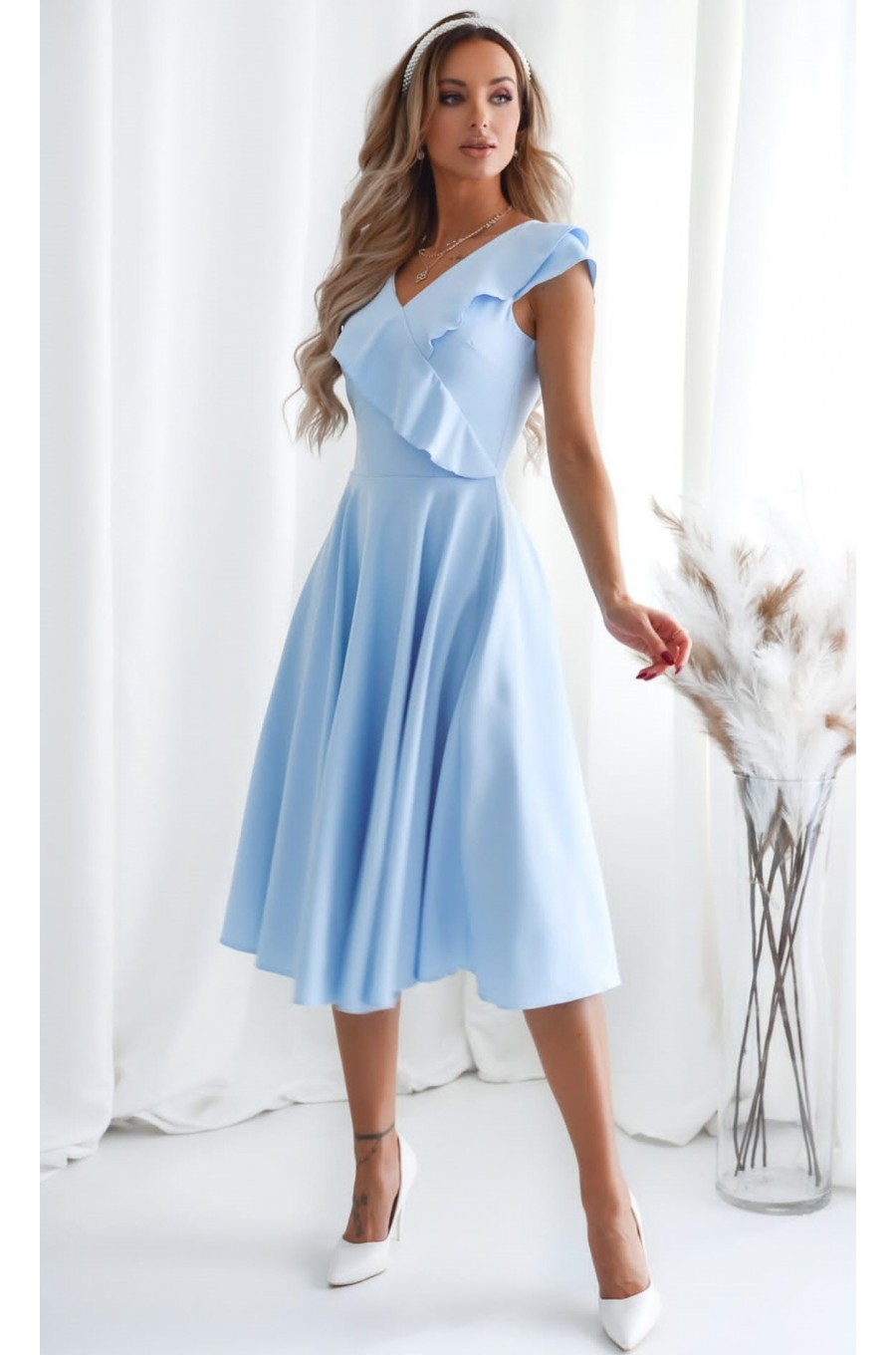 Rochie eleganta midi, baby blue, in clos, cu volane pe bust, retro, FalbanaW 1 - dyandra.ro