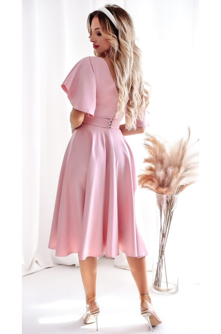 Rochie midi din bumbac roz pudra LunaW 3 - dyandra.ro