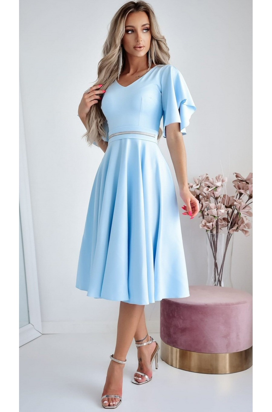 Rochie eleganta midi, din bumbac baby blue, in clos, LunaW 1 - dyandra.ro