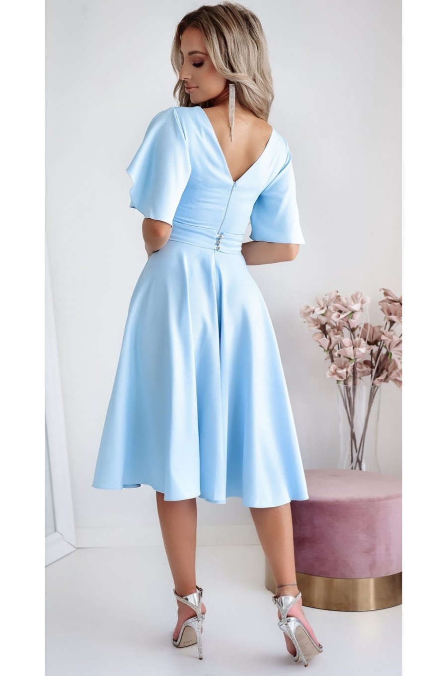 Rochie eleganta midi, din bumbac baby blue, in clos, LunaW 2 - dyandra.ro