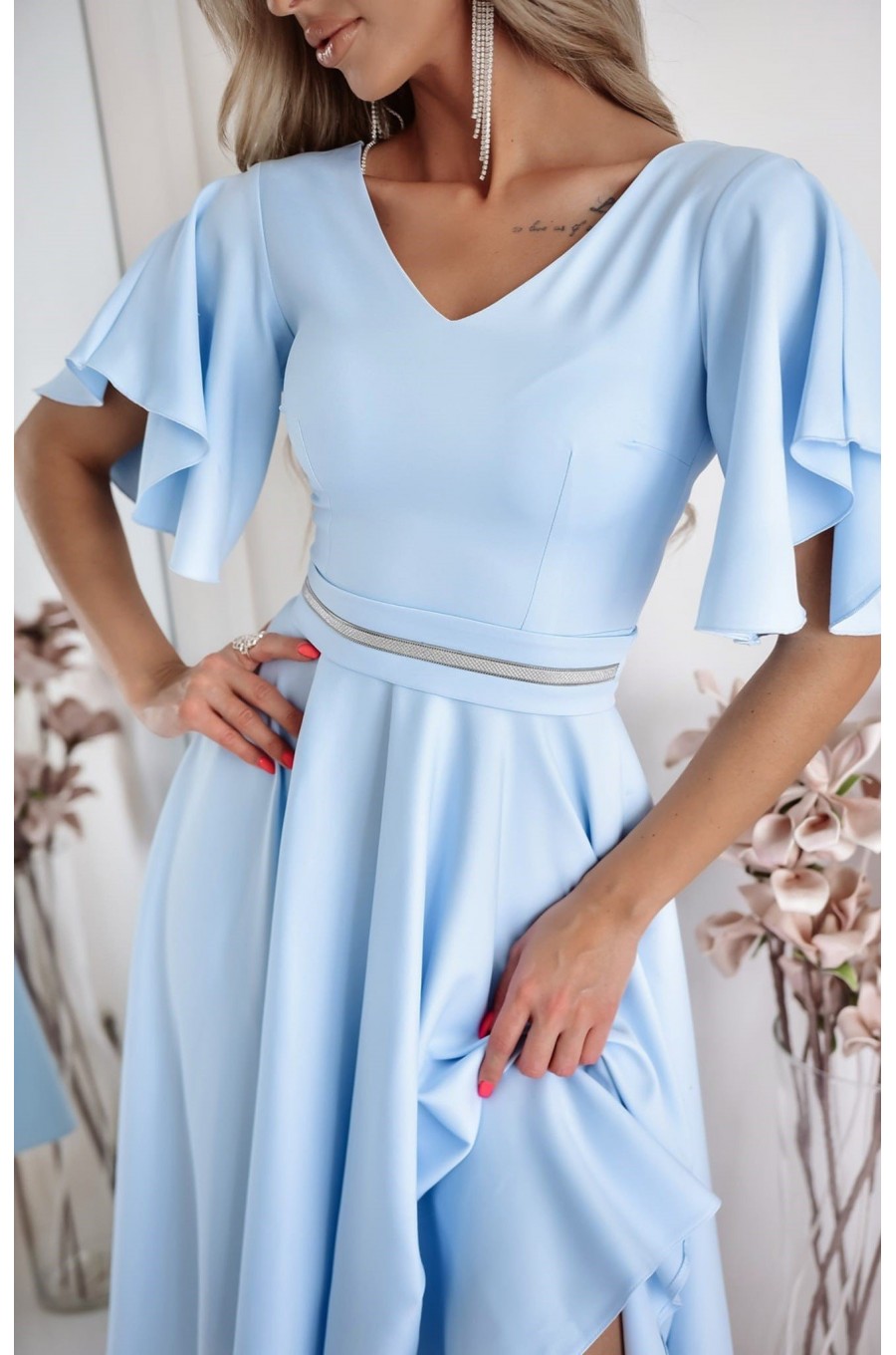 Rochie eleganta midi, din bumbac baby blue, in clos, LunaW 3 - dyandra.ro