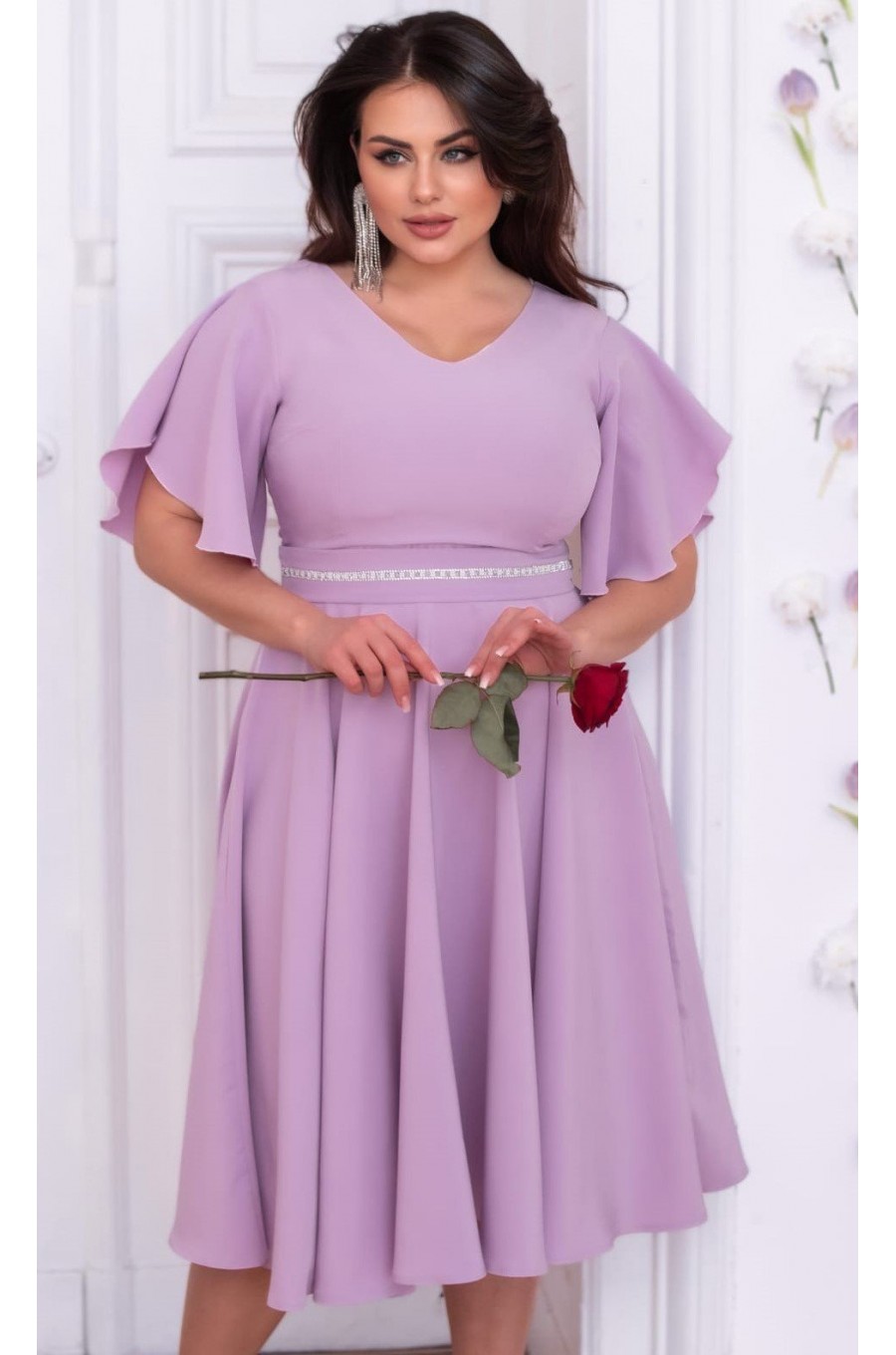 Rochie in marimi mari, eleganta midi, din bumbac, lila, cu maneca clopot, LunaXXL 1 - dyandra.ro