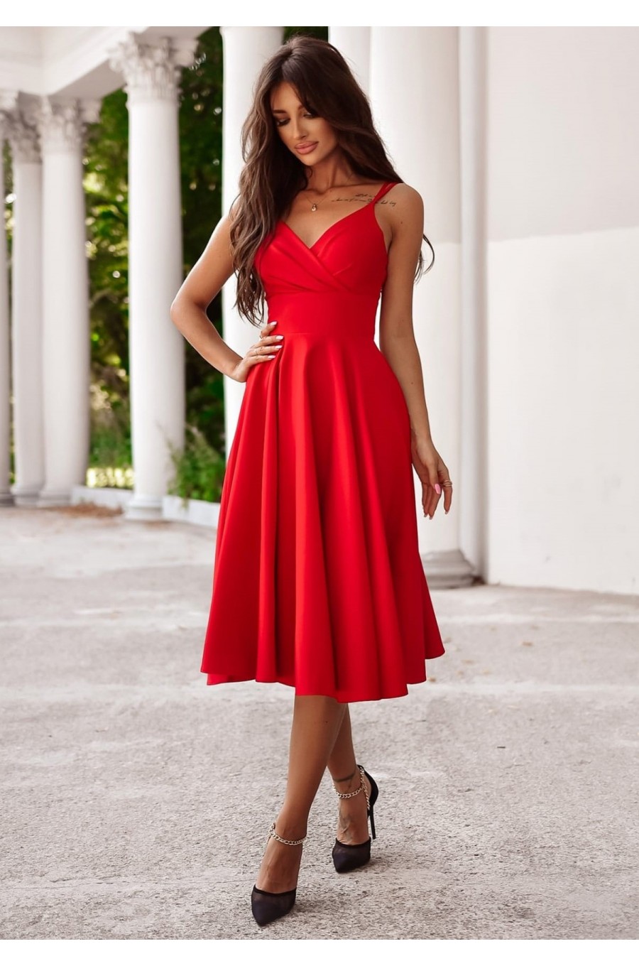 Rochie rosie eleganta midi, baby doll, din bumbac, retro, in clos, TifaniW3 1 - dyandra.ro