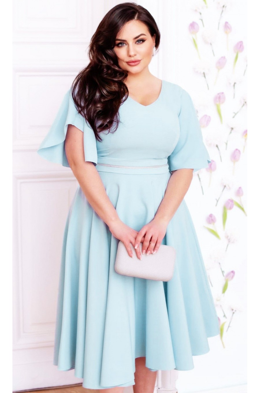 Rochie marime mare midi, bumbac, baby blue, cu maneca clopot, retro, LunaXXL 1 - dyandra.ro