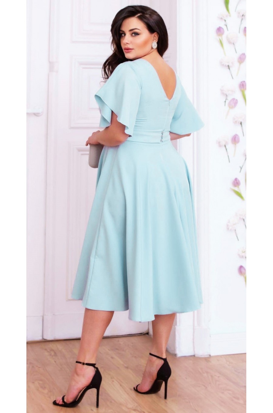 Rochie marime mare midi, bumbac, baby blue, cu maneca clopot, retro, LunaXXL 2 - dyandra.ro