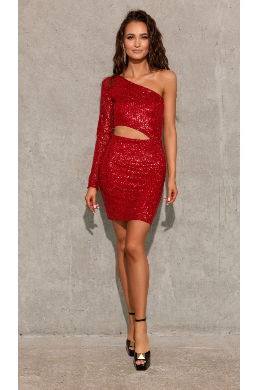 Rochie scurta rosie mulata din paiete cu o maneca lunga Romina Rochie scurta rosie mulata din paiete cu o maneca lunga Romina 4 - dyandra.ro