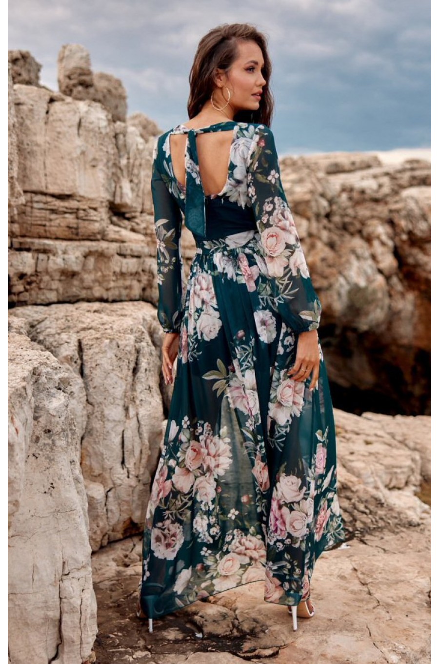 Rochie de vara lunga din voal verde smarald cu flori vaporoasa cu maneca lunga Anamaria 2 - dyandra.ro