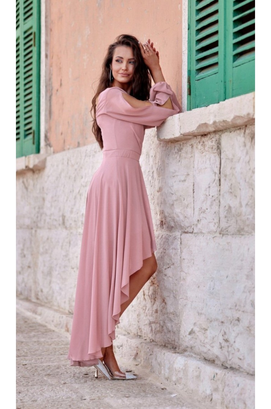 Rochie lunga din voal roz prafuit vaporoasa cu maneca lunga Jessica 3 - dyandra.ro