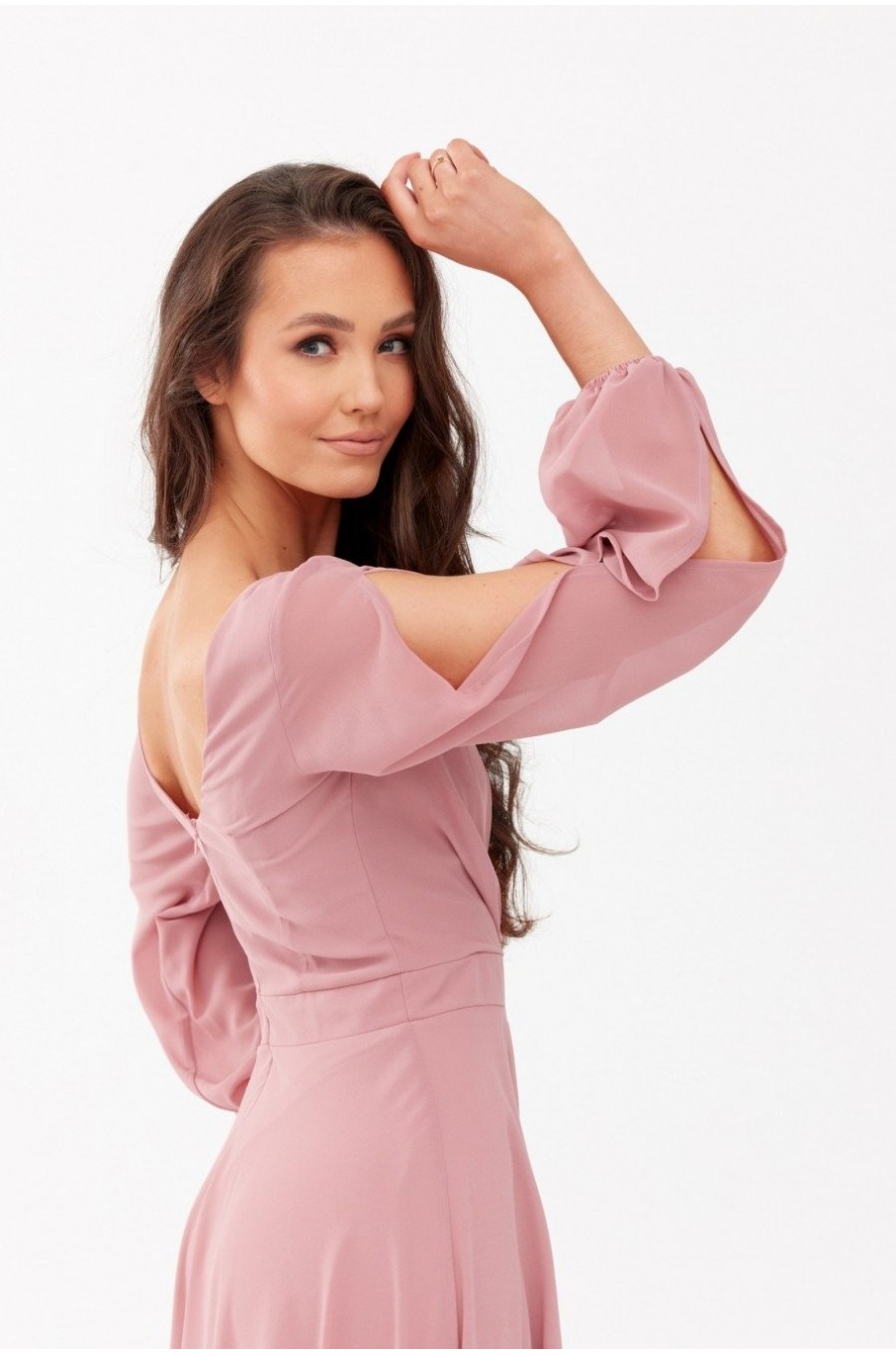 Rochie lunga din voal roz prafuit vaporoasa cu maneca lunga Jessica 4 - dyandra.ro