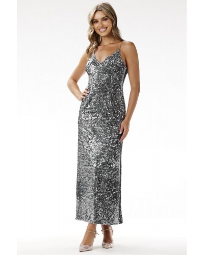 Rochie argintie din paiete lunga mulata tip furou Christa2 - dyandra.ro