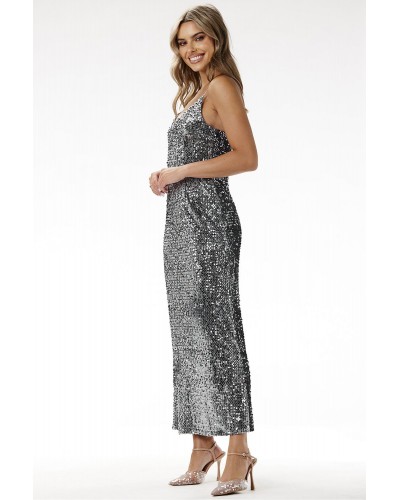 Rochie argintie din paiete lunga mulata tip furou Christa2 - dyandra.ro