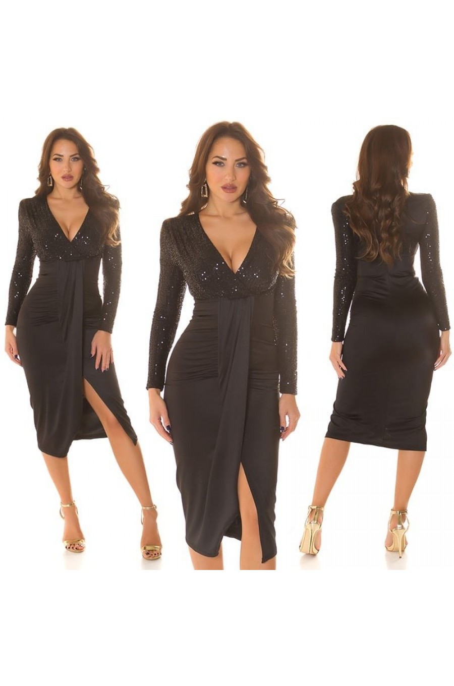 Rochie de seara midi, cu paiete pe bust, neagra, mulata, cu maneca lunga, Caliona 7 - dyandra.ro