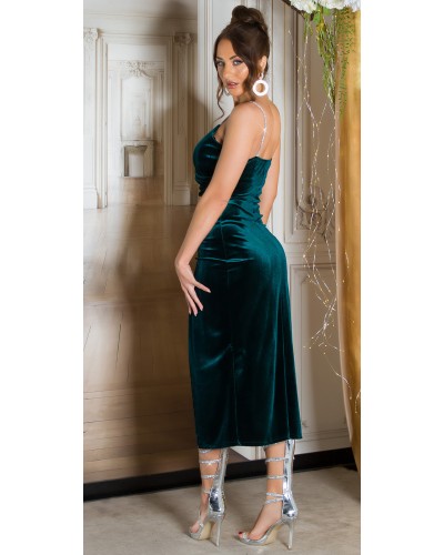 Rochie de ocazie midi, din catifea verde, mulata, cu bretele argintii, Quinne - dyandra.ro