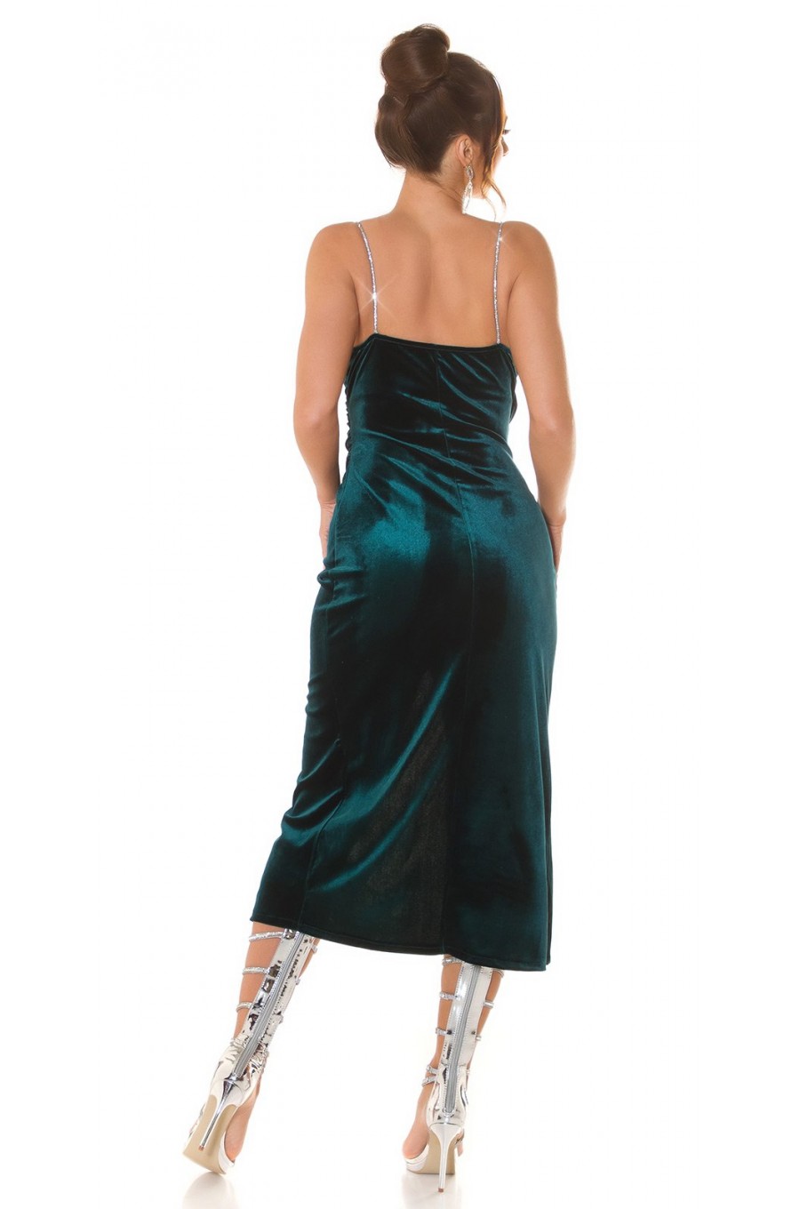 Rochie de ocazie midi, din catifea verde, mulata, cu bretele argintii, Quinne Rochie de ocazie midi, din catifea verde, mulata, cu bretele argintii, Quinne 5 - dyandra.ro