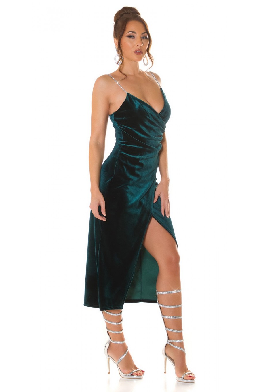 Rochie de ocazie midi, din catifea verde, mulata, cu bretele argintii, Quinne Rochie de ocazie midi, din catifea verde, mulata, cu bretele argintii, Quinne 6 - dyandra.ro