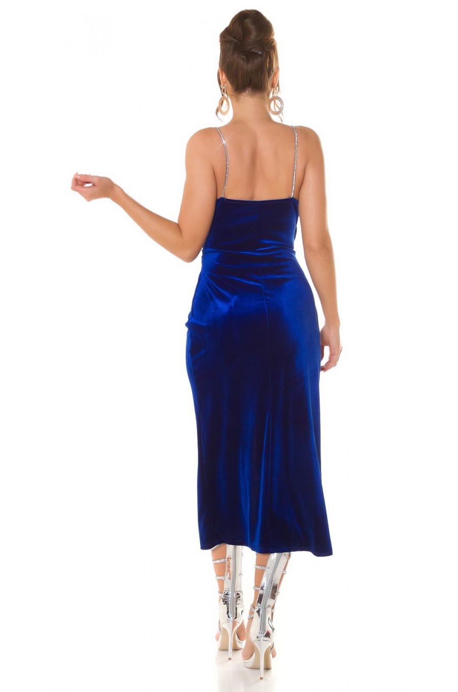 Rochie de seara midi, din catifea albastra, mulata, cu bretele argintii, Quinne Rochie de seara midi, din catifea albastra, mulata, cu bretele argintii, Quinne 5 - dyandra.ro