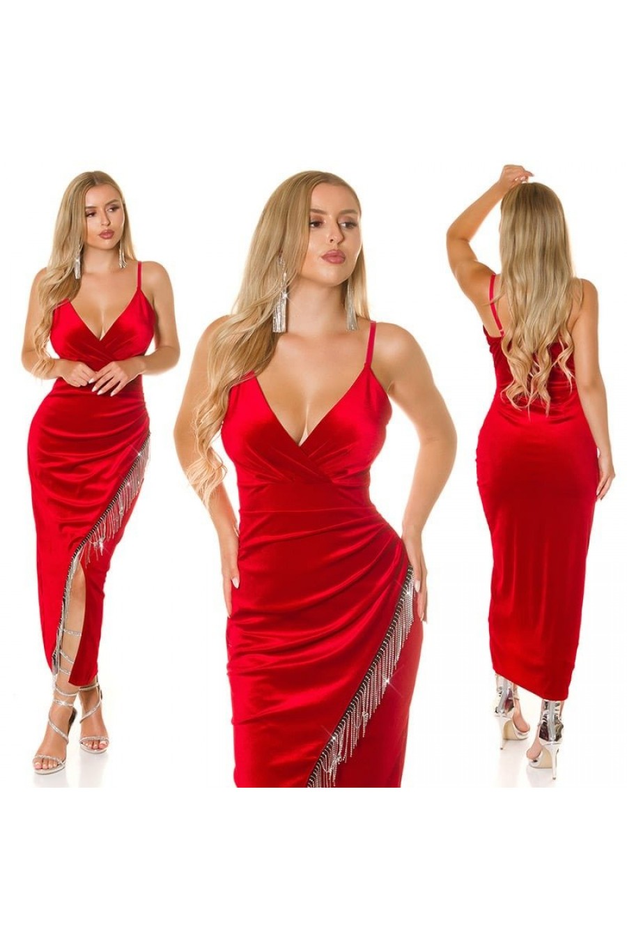 Rochie lunga din catifea rosie mulata cu franjuri din glitter Lyndsey 3 - dyandra.ro