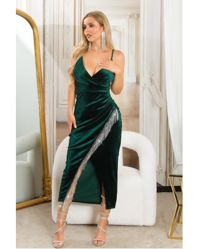 Rochie midi din catifea verde smarald mulata cu franjuri din glitter Lyndsey - dyandra.ro