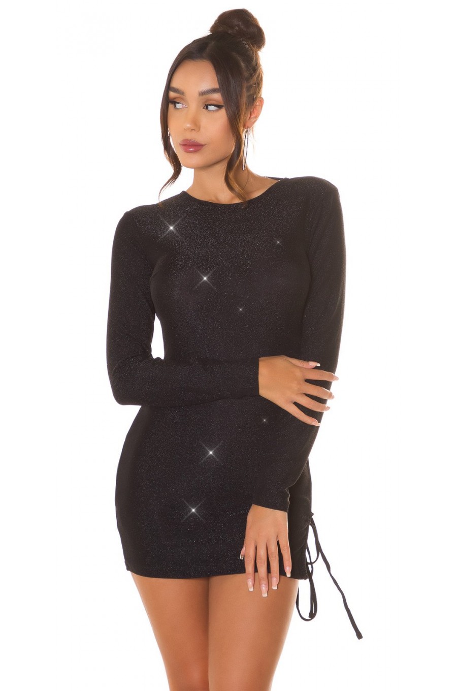 Rochie de club scurta, glitter, neagra, mulata, cu maneca lunga, Zarita 2 - dyandra.ro