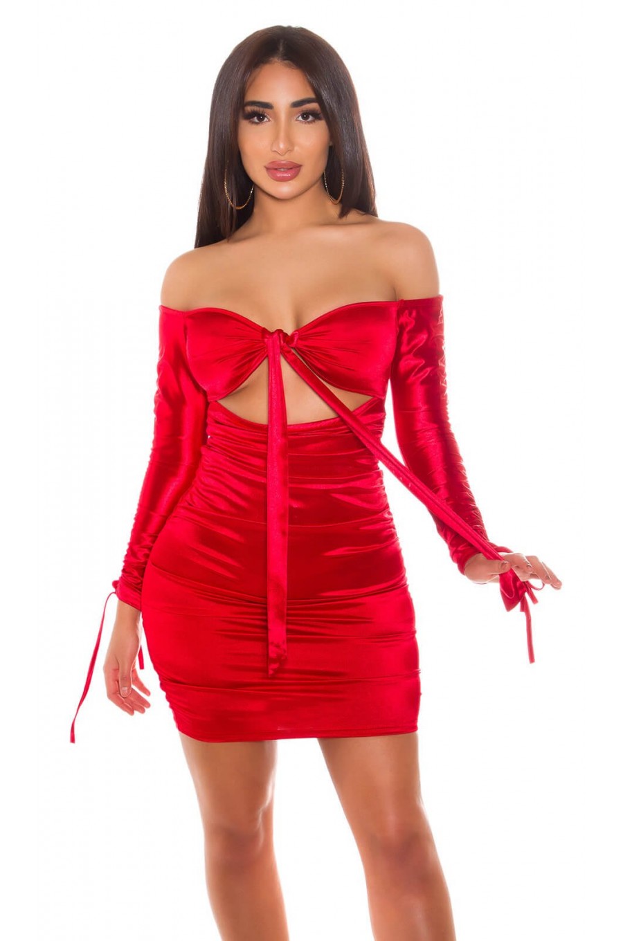 Rochie scurta rosie din satin mulata cu umerii goi Oksana Rochie scurta rosie din satin mulata cu umerii goi Oksana 1 - dyandra.ro